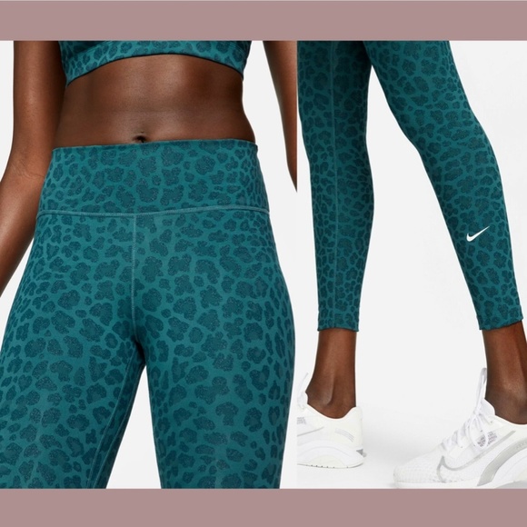 NWT Nike‎ [ XS ] Mid-Rise Leopard Glitter Active Leggings in Teal - Picture 3 of 12